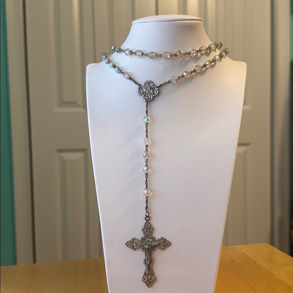 Clear Beaded Sterling Silver Cross